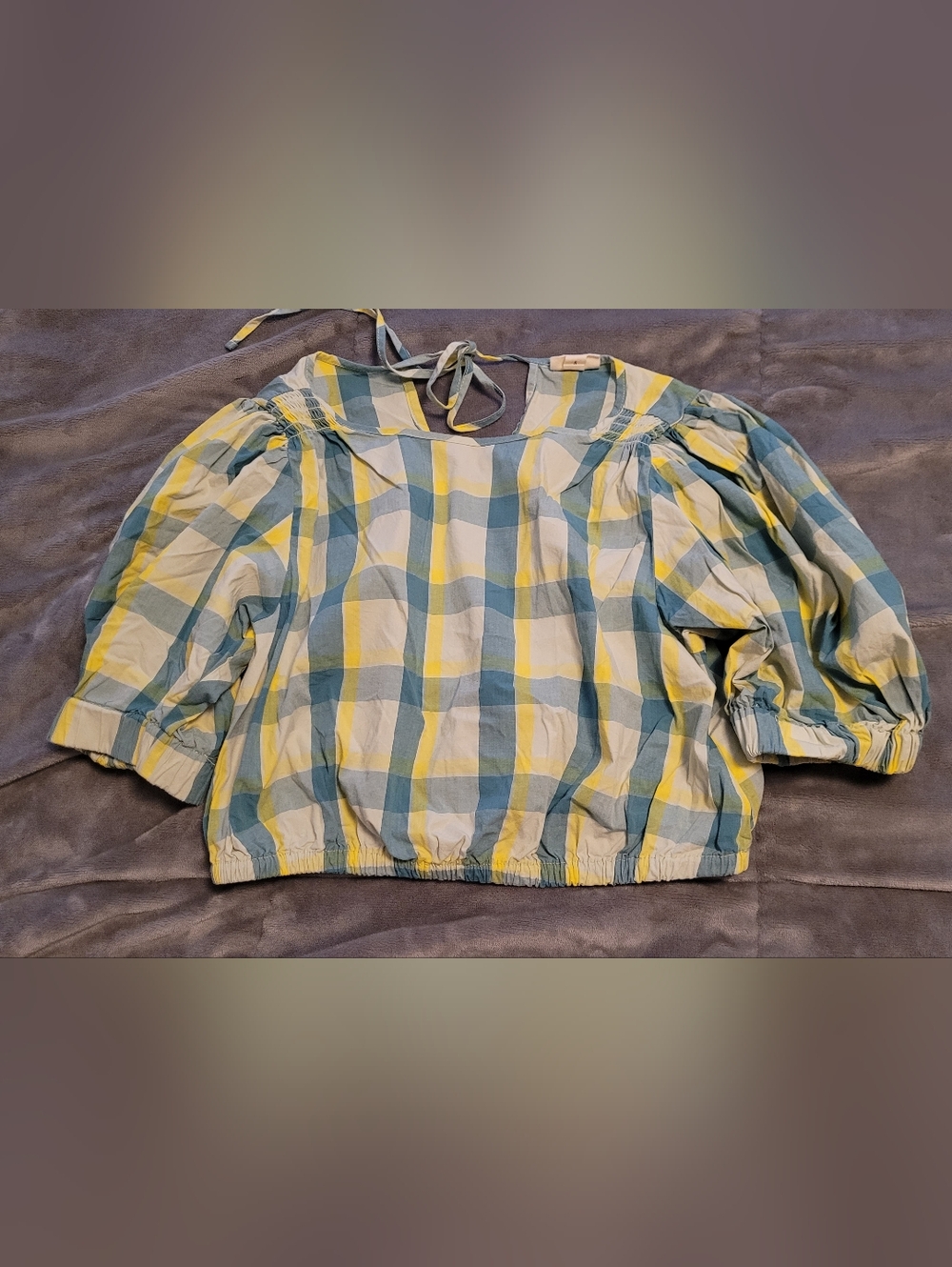 a.n.a Plaid Puff Sleeve Top in Blue, Yellow, White